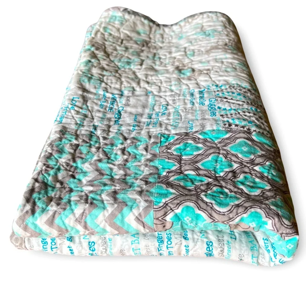 Handmade Elephant Print Quilted Baby Quilt Blanket - Gray, White and Turquoise